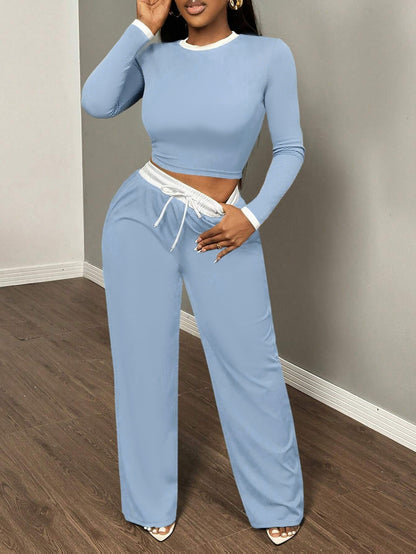 A Two-Piece Set Featuring a Sexy Color-Block Round-Neck Long-Sleeve T-Shirt Paired with High-Waisted Belted Trousers - ayq