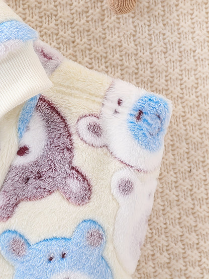 European and American Autumn/Winter Boys' Flannel Fleece-Lined Cute Bear Pattern Beige Zip-Up Hoodie + Fleece-Lined Casual Pants Two-Piece Set, Perfect for Outdoor Wear, Essential Gift, Perfect for Outdoor, Thick