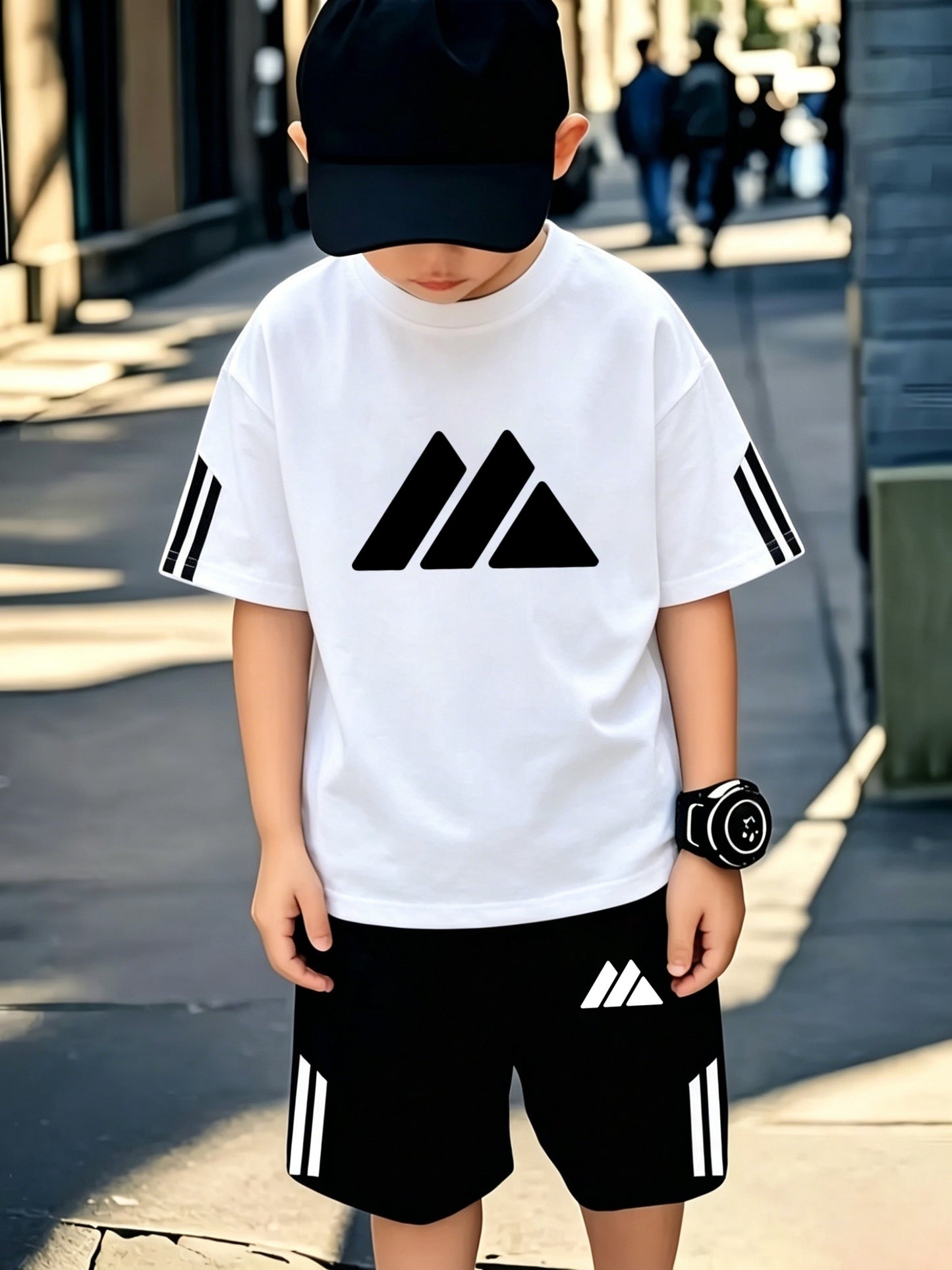Boys' Casual Sports Set with Mountain Print, Polyester, Ages 7-12