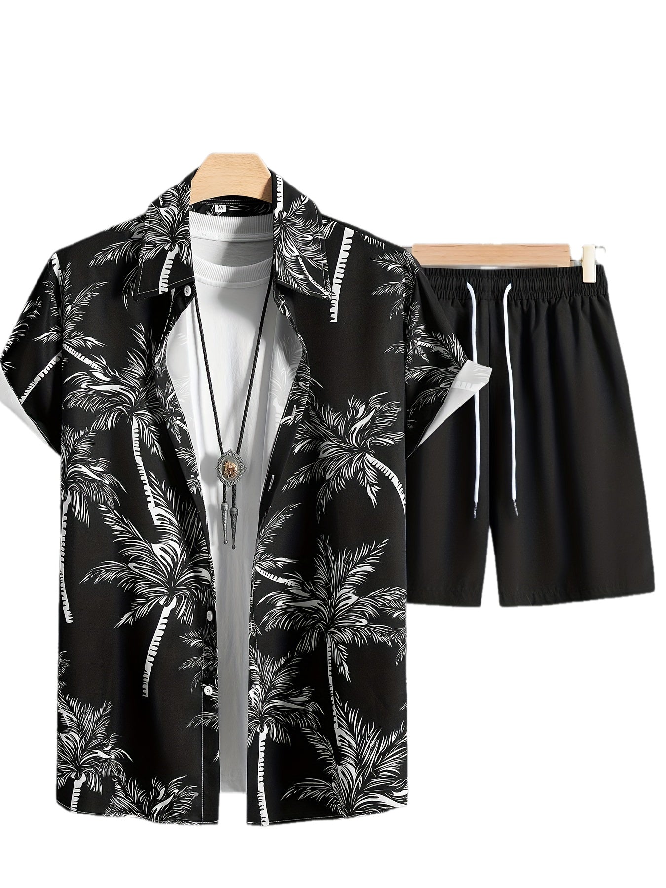 Coconut Tree Print, Men's 2Pcs Outfits, Casual Camp Collar Lapel Button Up Short Sleeve Shirts Hawaii Shirt And Drawstring Shorts Set For Summer, Men's Clothing