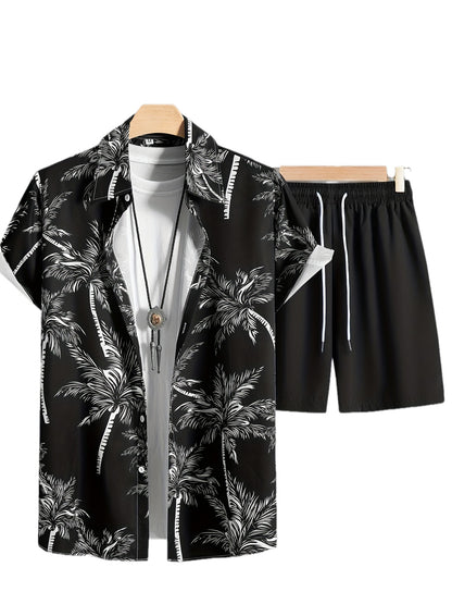Coconut Tree Print, Men's 2Pcs Outfits, Casual Camp Collar Lapel Button Up Short Sleeve Shirts Hawaii Shirt And Drawstring Shorts Set For Summer, Men's Clothing