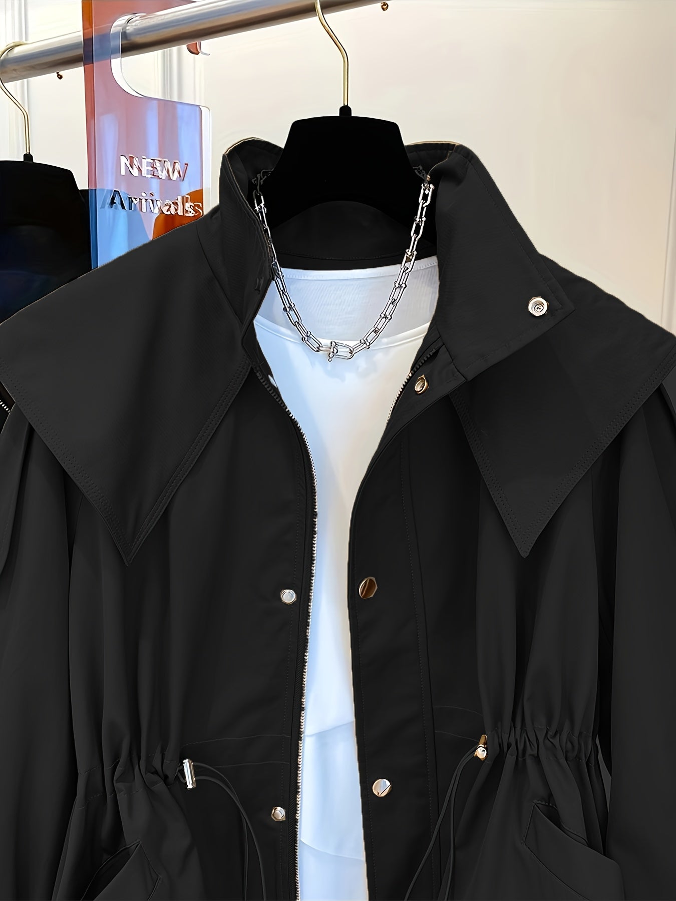 Women'S Casual Solid Color Polyester Overcoat with Drawstring Waist, Lapel Collar, and Chest Pockets - Spring and Fall Fashion, Comfortable, Non-Stretch Fabric, Casual Outerwear | Classic Long Sleeve | Nonstretch Materia