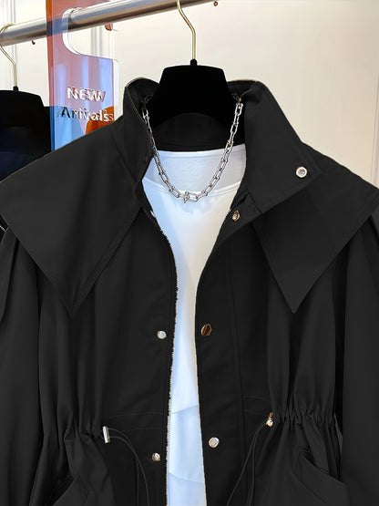 Women'S Casual Solid Color Polyester Overcoat with Drawstring Waist, Lapel Collar, and Chest Pockets - Spring and Fall Fashion, Comfortable, Non-Stretch Fabric, Casual Outerwear | Classic Long Sleeve | Nonstretch Materia