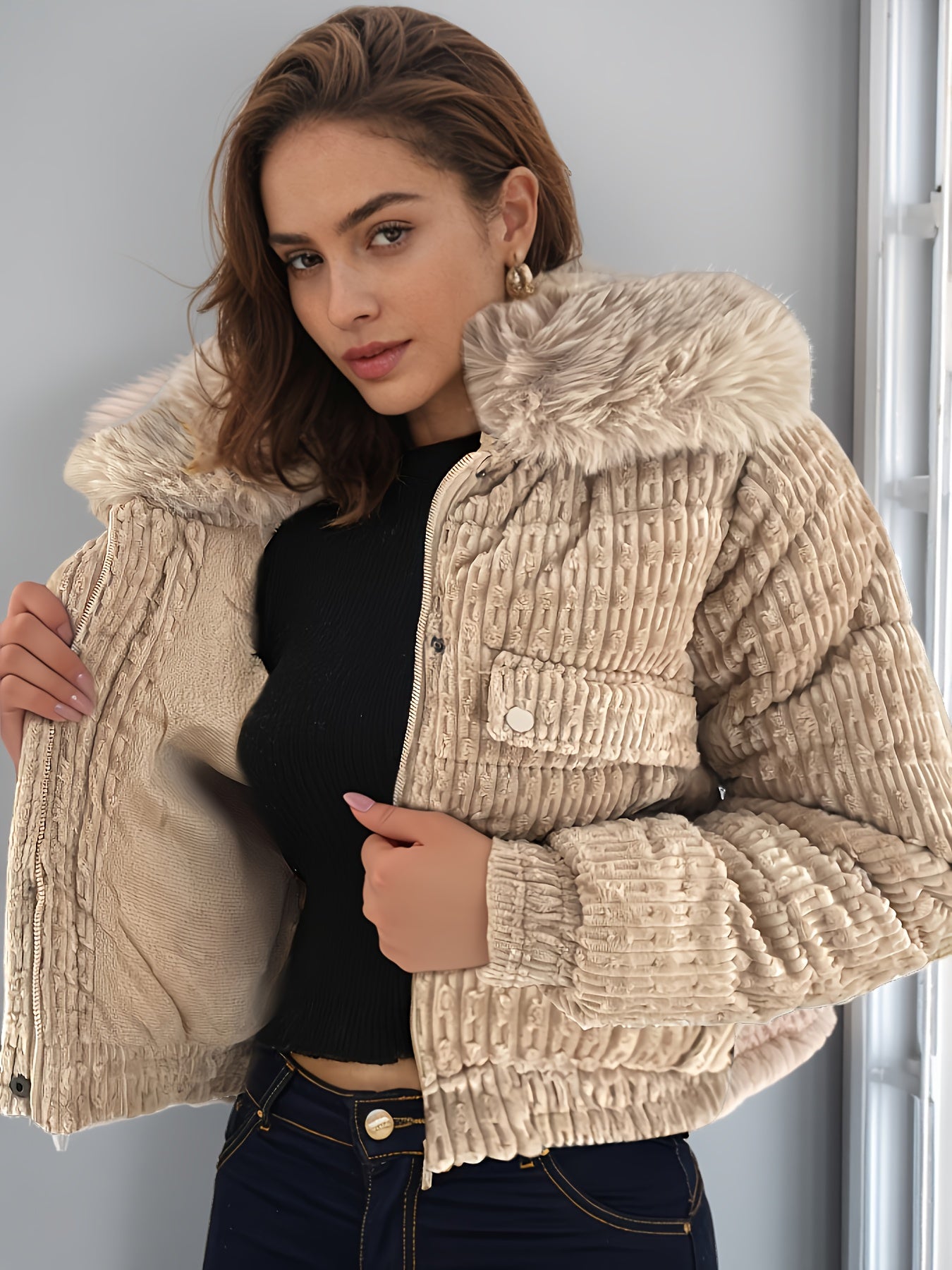 Women'S Winter Jacket - Full-Zip Coat with Detachable Fur Collar, Burgundy/Red - Cold Weather Outerwear for Everyday & Formal Events