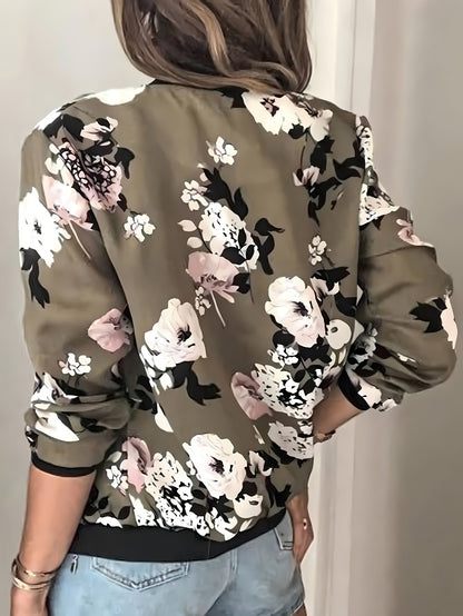 Plus Size Women'S Floral Print Zip-Up Jacket