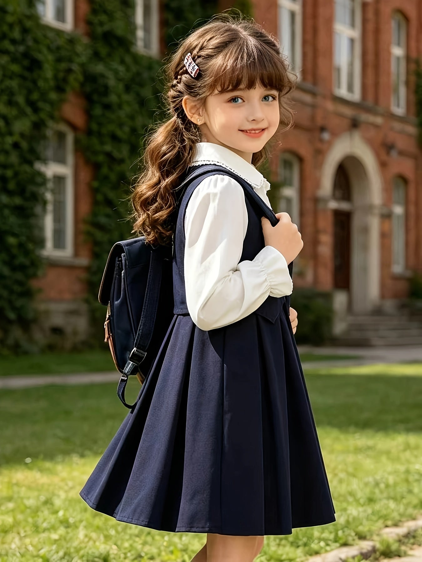 Girls' Preppy 2-in-1 School Uniform Dress with Lace Vest