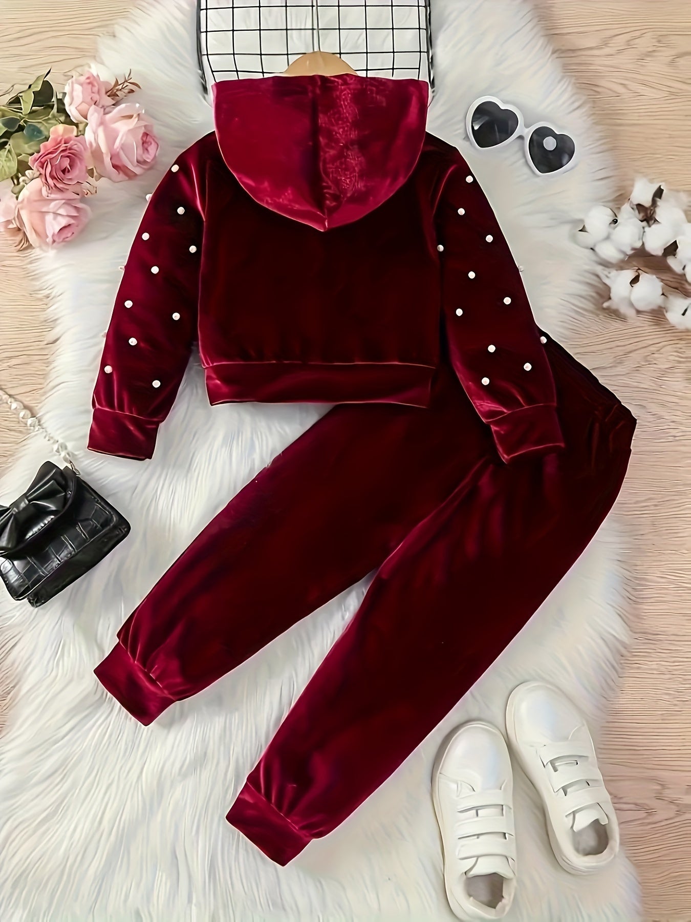 2pcs Velvet Girls' Luxury Long Sleeve Three-Dimensional Floral Hoodie and Jogger Set - Soft, Warm, Stylish for Winter and Autumn Parties