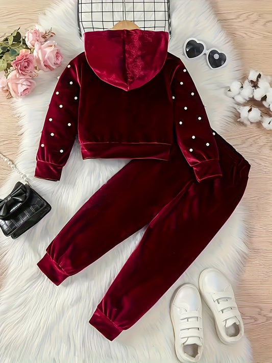 2pcs Velvet Girls' Luxury Long Sleeve Three-Dimensional Floral Hoodie and Jogger Set - Soft, Warm, Stylish for Winter and Autumn Parties