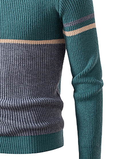 Men'S Autumn Winter New Round Neck Sweater | Color Block Design, Casual Versatile Top, Acrylic Fabric with Slight Stretch