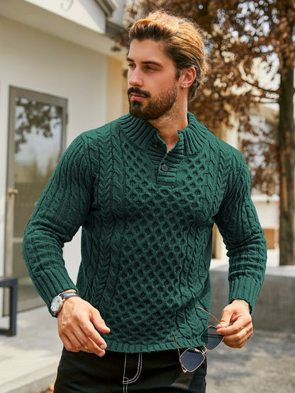 Men's Thermal Stand Collar Cable Knit Sweater - Striped H-Shape Regular Fit Pullover, Machine Washable Winter Sweater with Ribbed Detailing for Autumn & Winter, Knit Sweater, Medium Elasticity Fabric