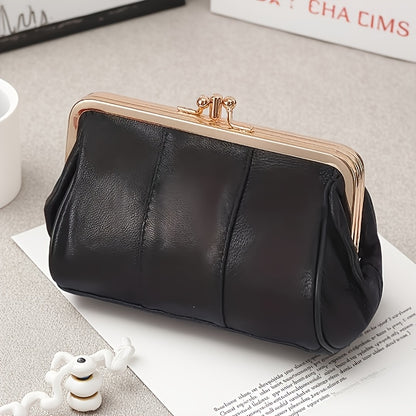 Vintage-Style Genuine Leather Clutch with Golden Metal Frame – Black Mini Wallet for Women, Compact Coin Purse & Key Holder, Elegant Textured Design
