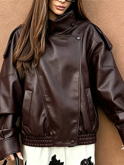 Oversized Vintage Faux Leather Biker Jacket with Buckle Collar