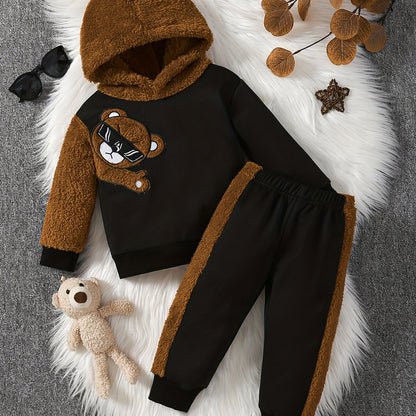 Cozy & Cute Boys' 2pcs Set: Fleece-Lined Bear Embroidered Hoodie and Pants - Perfect for Fall/Winter, Perfect for Outdoor