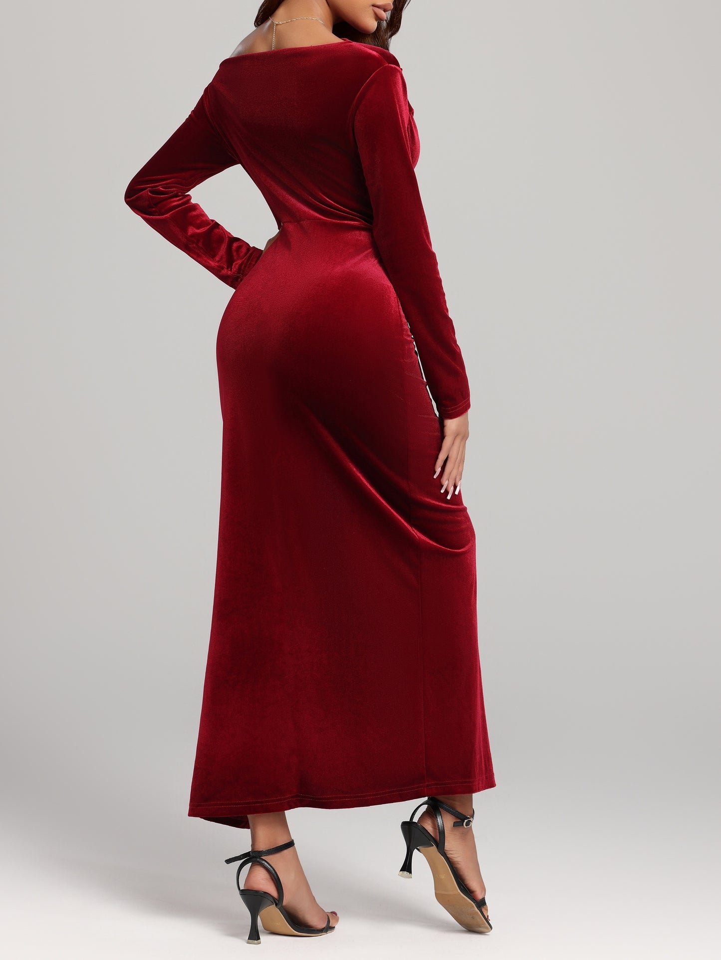 Women'S Elegant Velvet Dress, Off-Shoulder, High-Slit, Slimming Fit, Mermaid Style, Long Sleeve, Polyester, Solid Color, All-Season, Adult Fashion, Knit Fabric
