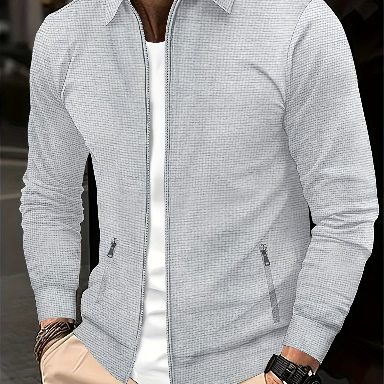 Men'S Solid Color Waffle Texture Zipper Jacket - Full-Zip Casual Coat with Full-Zip Closure, Long Sleeve Lapel Collar, /Navy Brown/