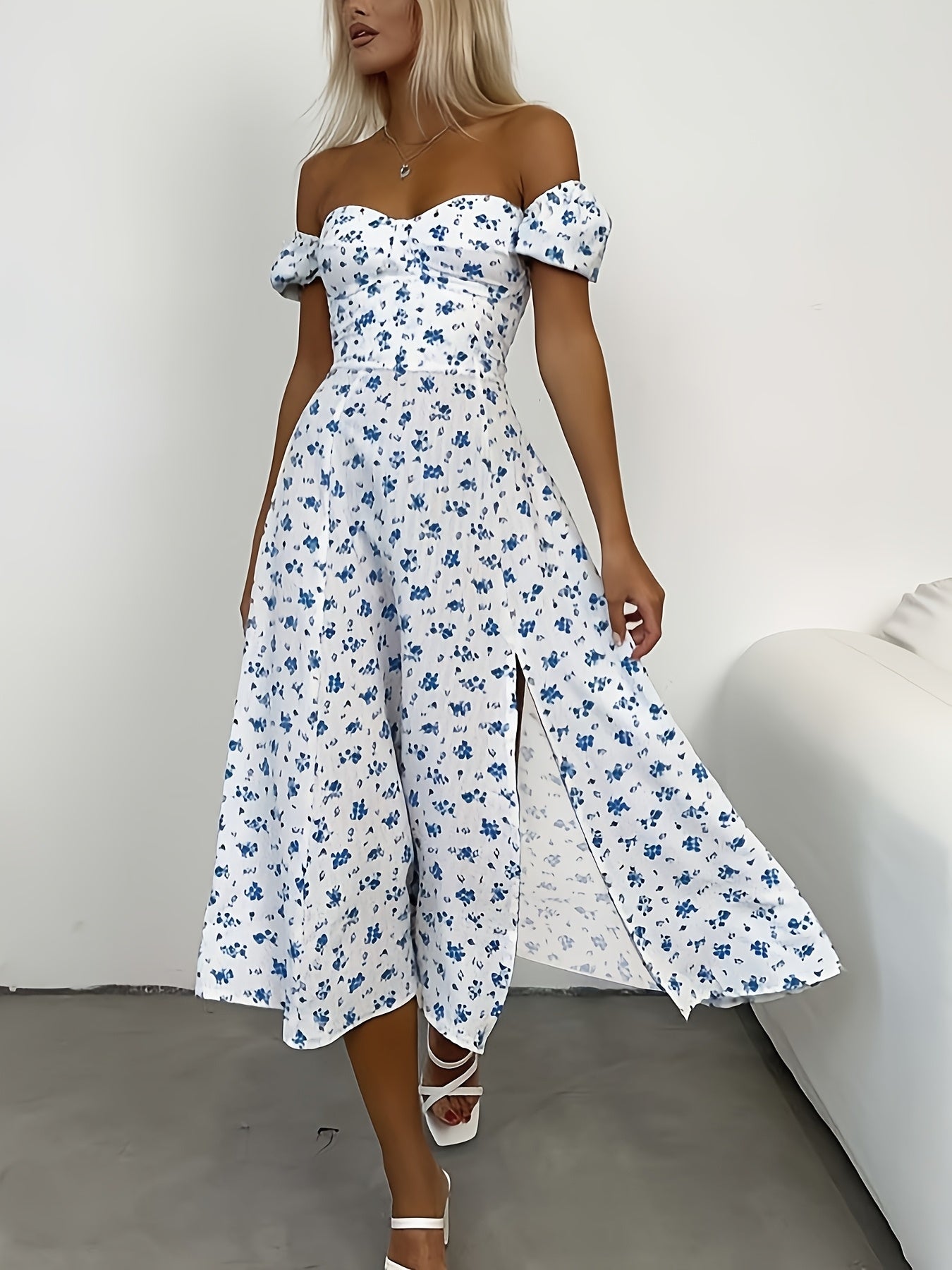 French-Style Midi Dress with Heart Neckline and Puff Sleeves