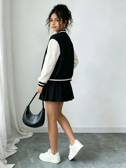 Girls Preppy 2-Piece Baseball Jacket & Pleated Skirt Set