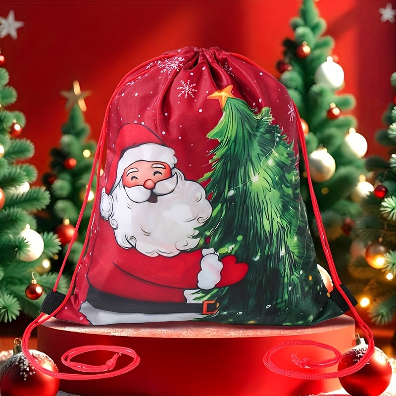 1pc Santa Claus Christmas Tree Drawstring Bag - Red & Green Holiday Gift Packaging with Santa, Snowflakes & Pine Trees, Durable Polyester Gym Bag for Christmas, New Year, Festive Design, Seasonal Decorations, Festive Occasion