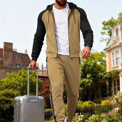 Men'S Casual Sports Hoodie Two-Piece Set with a Color-Blocked Design, Featuring a Zip And Drawstring Waist, Suitable for Jogging in All Seasons