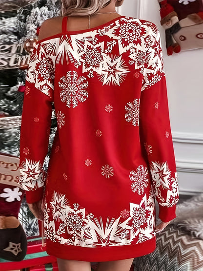 Women's Christmas Party Dress - One-Shoulder/Asymmetrical Neckline, Red and White Holiday Outfit, Slim Fit for Christmas Eve, New Year's Eve, Winter Events - Elegant Christmas Apparel, Christmas Dress, Holiday Wear, Off-Shoul