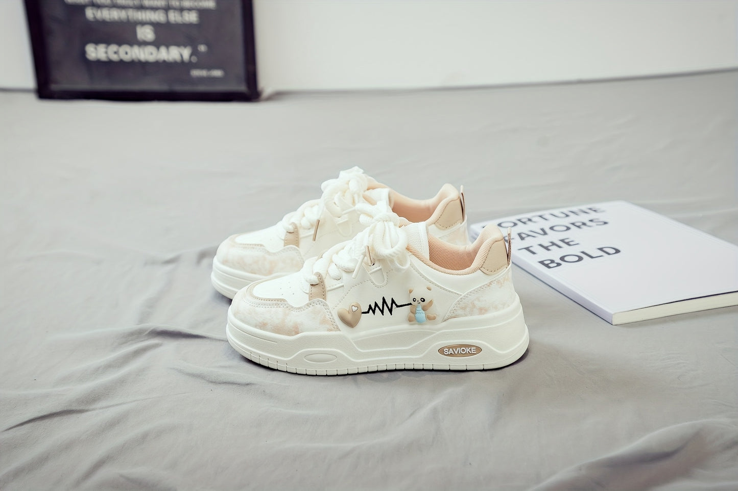 Women's White Mid-Top Sneakers with Bear  Heart Stripes Design - PU Cover  Upper, Thick Cushioned PVC Sole - Trendy Casual Shoes for All-Season Comfort