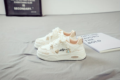 Women's White Mid-Top Sneakers with Bear  Heart Stripes Design - PU Cover  Upper, Thick Cushioned PVC Sole - Trendy Casual Shoes for All-Season Comfort