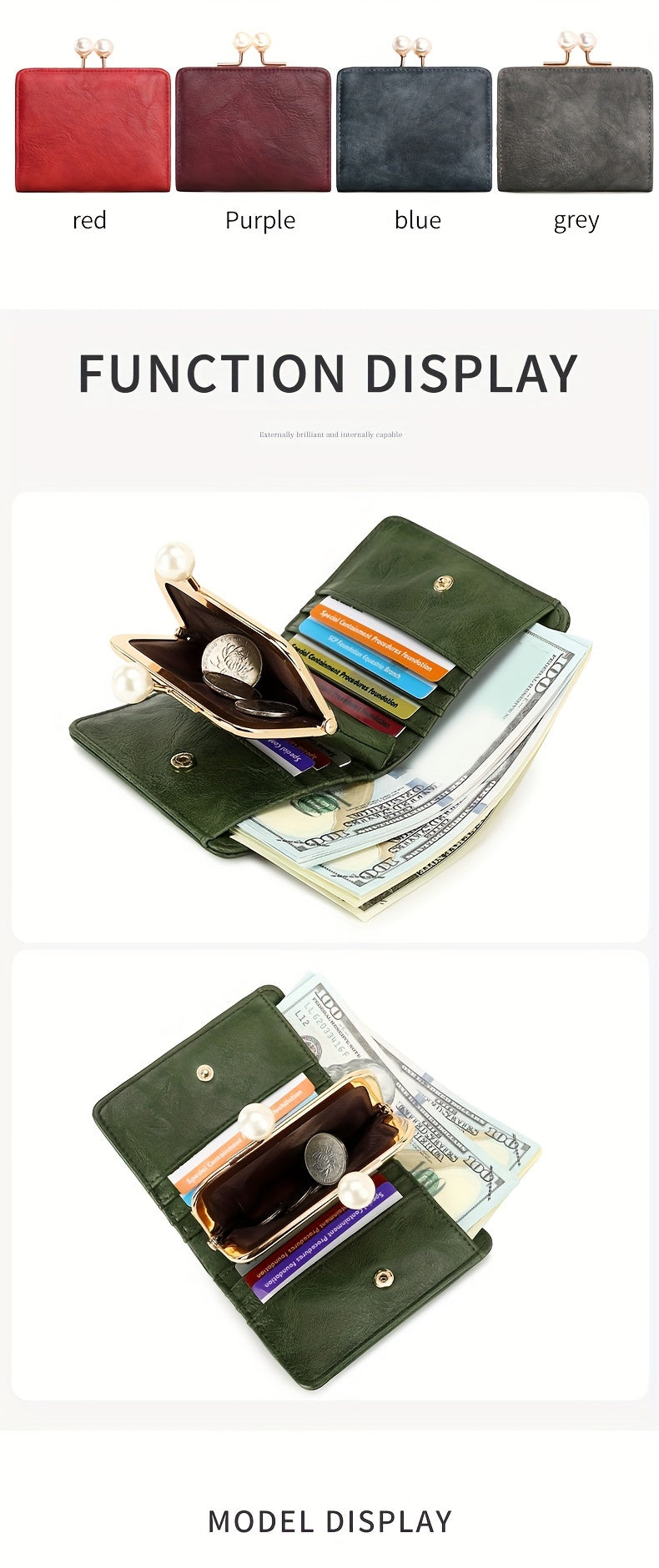 Women's Wallet Short Compact Three Layer LargeCapacity Retro Pearl Wallet High Quality PU Multi Card Seat/Coin ZeroWallet