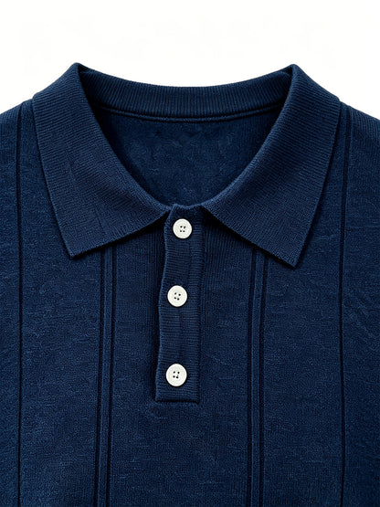 Men's Slim Fit Vertical Stripe Knit Polo Shirt with Lapel Collar