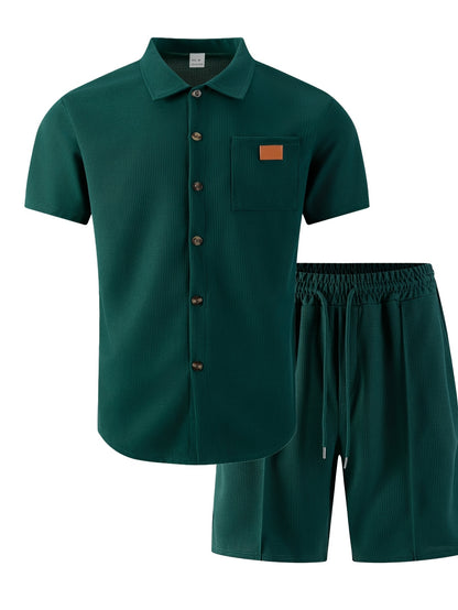 Men's 3-Piece Casual Waffle Knit Summer Set with Shirt & Shorts