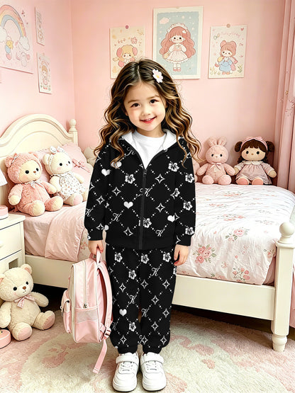 Girls' Floral Zip-Up Hoodie Set Lightweight Casual Spring/Fall