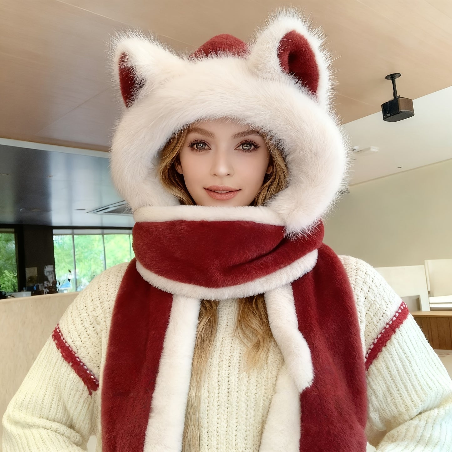 Women's Fox Ear Hat 3-in-1 with Scarf & Gloves - Winter Warm Windproof Cute Fox Ears, Lightweight Jacket-Compatible for cold Weather, Hand Washable Maomao Hat for, New Year & Holiday Outfits (Non-Stretch)