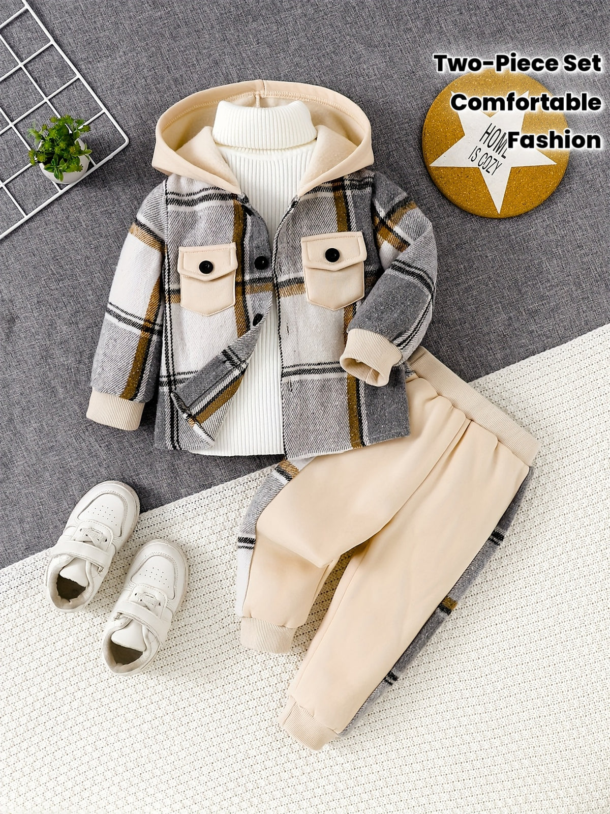 Boys' Plaid Hooded Jacket & Joggers Set - Cozy Fall Winter Outfit - ayq