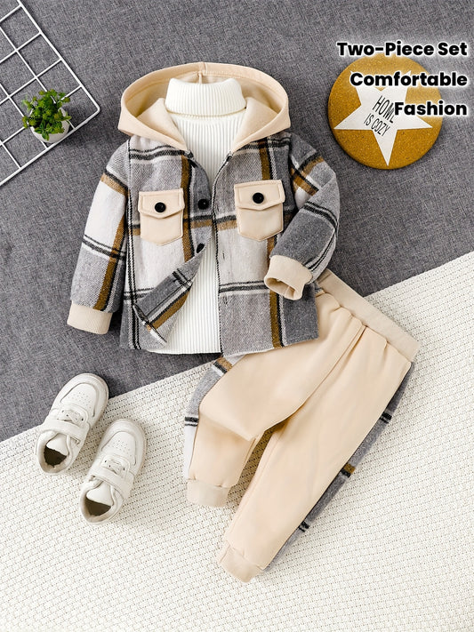 Boys' Plaid Hooded Jacket & Joggers Set - Cozy Fall Winter Outfit