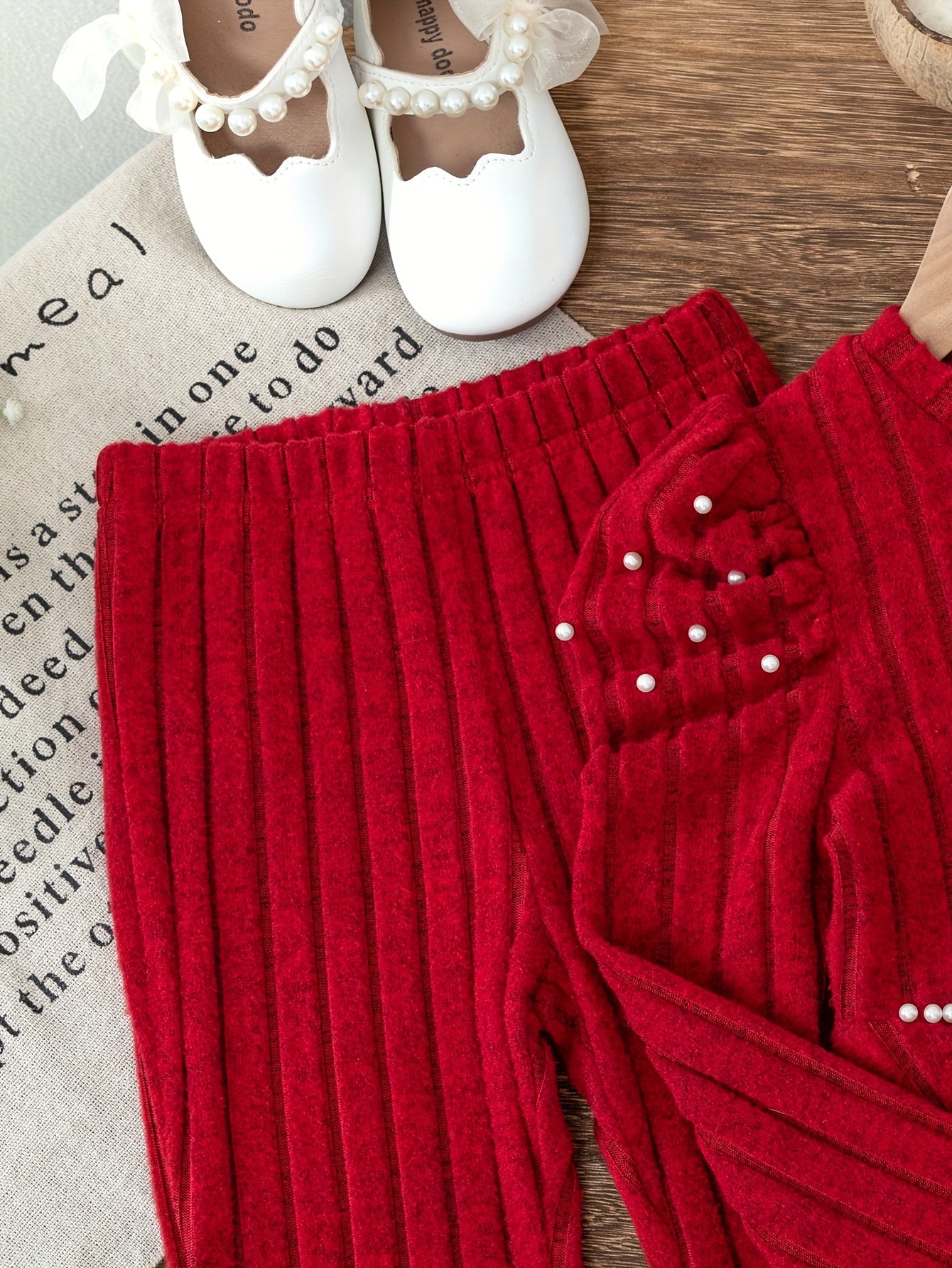 Young Girl Fashion Casual Solid Color Striped Beaded Pleated Shoulder Long Sleeve Round Neck V-Neck Mid-Rise Pullover with Matching Elastic Waist Flared Pants for, for Outdoor