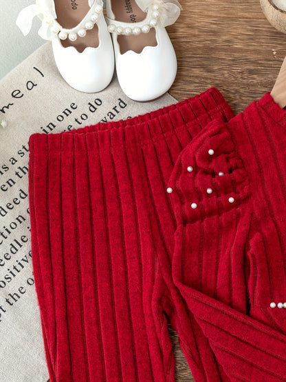 Young Girl Fashion Casual Solid Color Striped Beaded Pleated Shoulder Long Sleeve Round Neck V-Neck Mid-Rise Pullover with Matching Elastic Waist Flared Pants for, for Outdoor