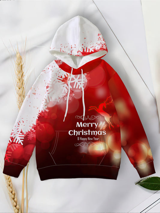 2026 Christmas & New Year Hooded Sweatshirt - Red White Snowflake Pine Tree Print Winter Pullover, Cozy Casual Sweater for Holiday Parties, Machine Washable Autumn/Winter Sweaters for