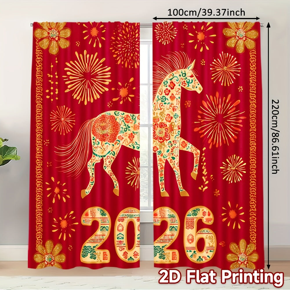 2D Flat, 2pcs, 2D Flat Printing New Year atmosphere curtains Festive Horse 2026 Celebration, Polyester, for Bedroom, Study, Living Room, Balcony, Office, Dormitory, Home Decoration, (rod free), 2D Flat, Celebration Setup, Sea