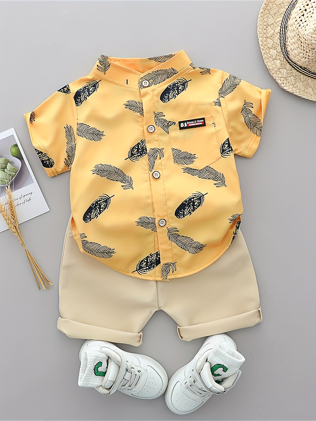 Infant Toddler Summer Feather Print Shirt and Shorts Set