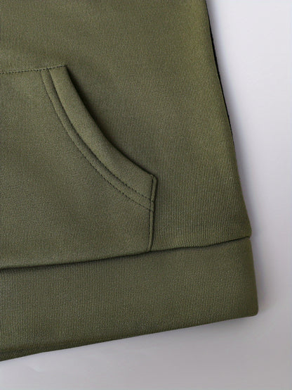 2pcs Boys' Autumn/Winter Fleece-Lined Hooded Zip-Up Jacket and Pants Set with Bird Print, Simple Color Block Design with Pockets, Fashionable Sporty Outfit for Outdoor Activities and Daily Wear, 100% Polyester Knit Stretch Fa