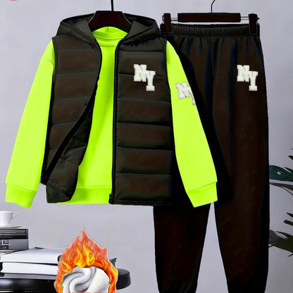 3pcs Boys' Winter Warm Uniform Set - NY Logo Lettered Jacket, Sweatshirt & Pants with Numbered Parch-Like Strips (8-12 Years) | Machine Washable 3pcs Outfit for, & Cold Weather | Non-Stretch Layered Clothing, Perfect for Outd