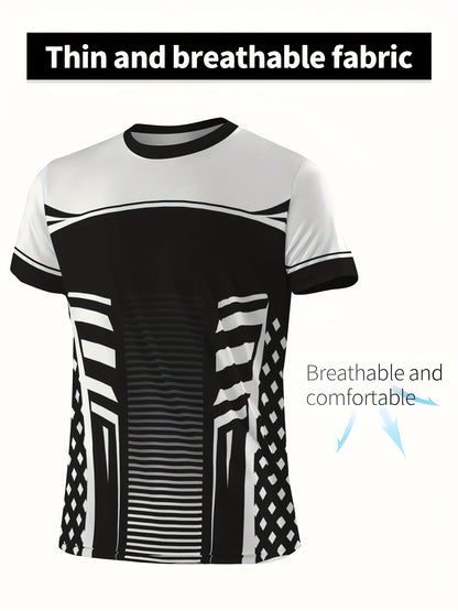 Geometric print high stretch skinny fit short sleeve crew neck T-shirt, quick-drying sports top for summer fitness, training and gym wear