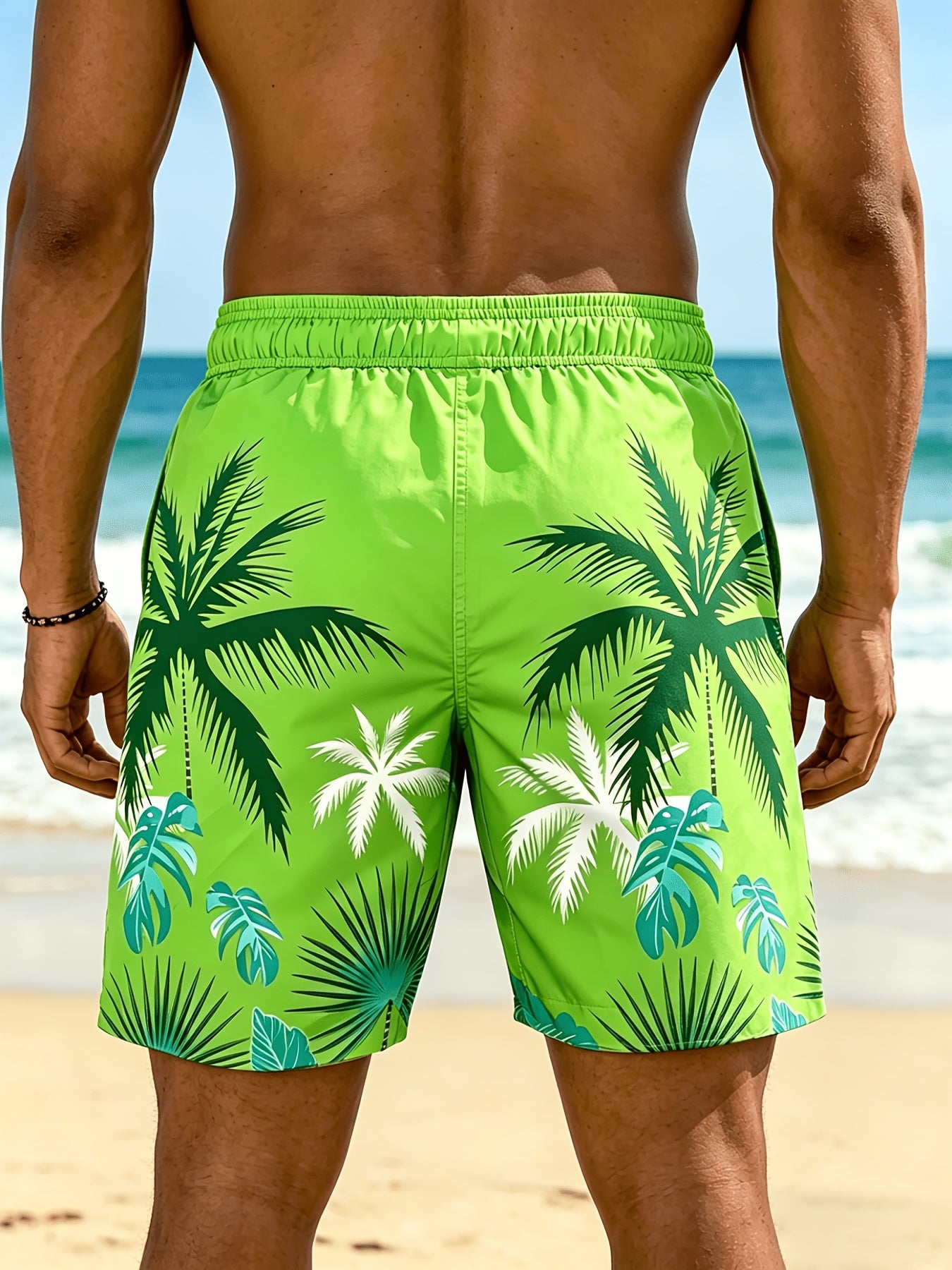 Plus Size Men's Palm Tree Print Beach Shorts, Breathable Polyester