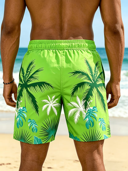 Plus Size Men's Palm Tree Print Beach Shorts, Breathable Polyester