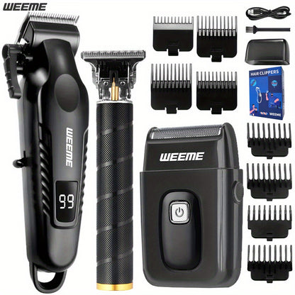 WEEME 2pcs/3pcs Men's grooming suit Multi-function electric hair clipper shaver trimmer alloy steel head three-gear adjustment USB fast charging LCD power display household travel car must-have gift for husband, boyfriend and