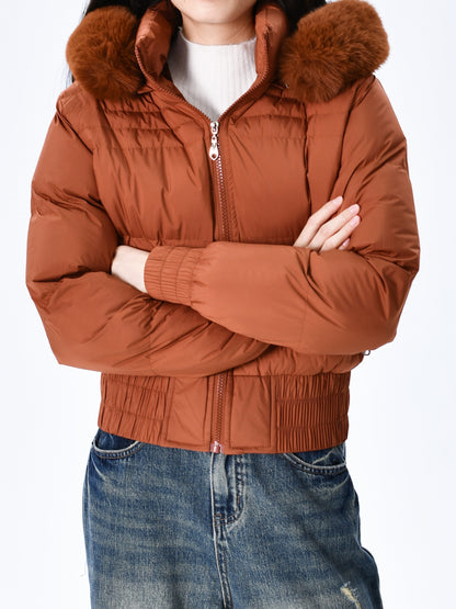 Elegant Polyester Padded Jacket for Women - 2024 Fashion Short Solid Color Coat with Thick Faux Fur Collar, Long Sleeves, Zipper Detail, Woven - Winter Warmth Casual Outerwear