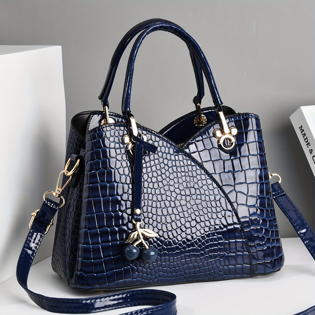2022 Newest Trendy Women'S Faux Crocodile-Texture Handbag with Cherry Pendant - Stylish Black And Red Shoulder And Handbag, Zip Closure, Polyester Lining, Edge Paint Detail, Handbag|Chic Handbag|Zippered Bag