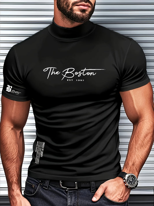 Men's Slim Fit Breathable Moisture-Wicking Short Sleeve T-Shirt - Lightweight All-Season Small Stand-Up Collar Tee with Boston Letter Print for Gym, Outdoor  Casual Wear, Active Lifestyle, Modern Design, Durable Construction