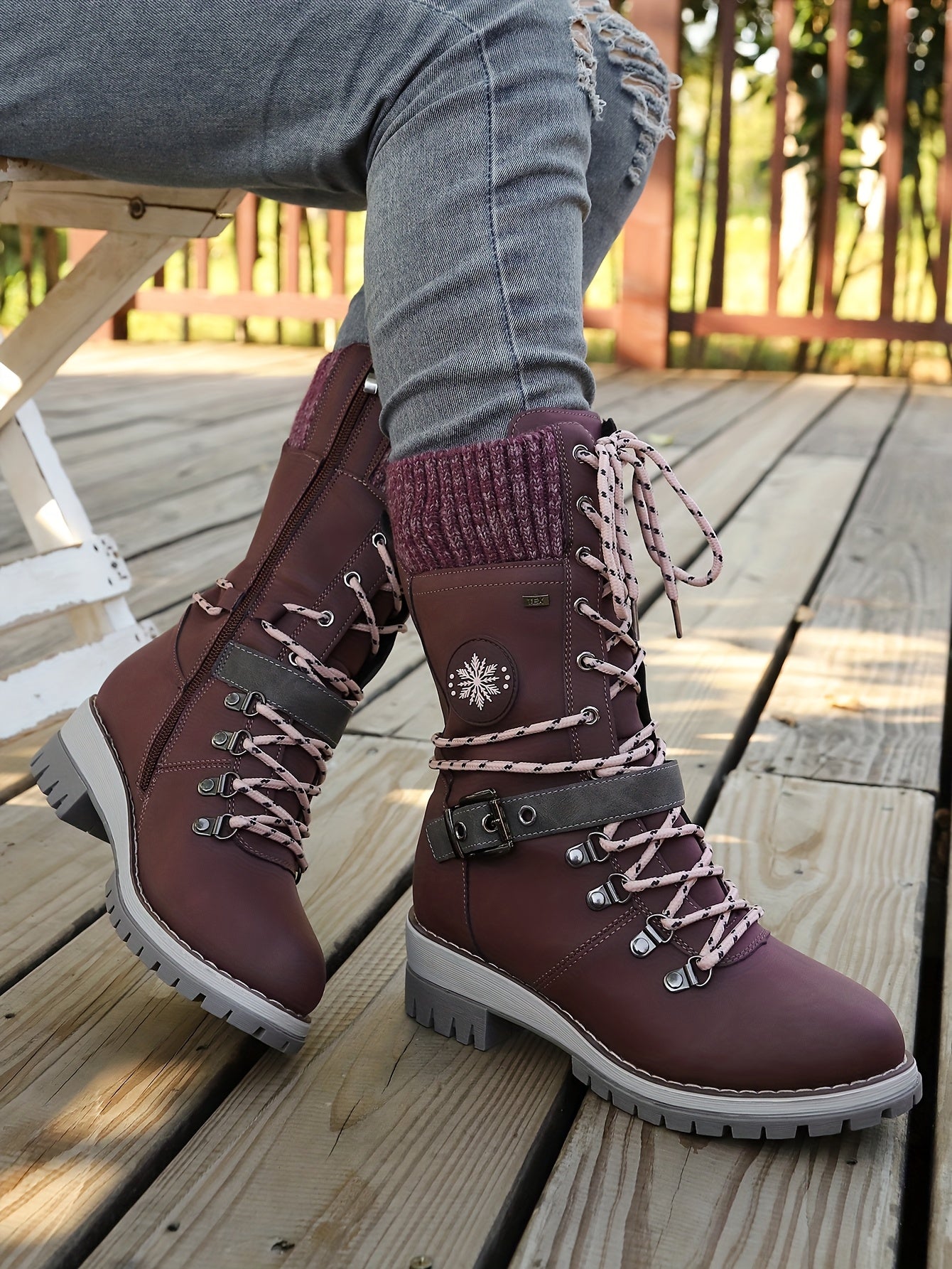 Women'S Comfortable Knitted Mid-Calf Winter Boots - Anti-Slip Side Zipper Lace-Up Design, Thick Sole, Fleece-Lined Retro Style in Black/Brown/Beige/Red/White for Casual Wear, Women Cowboy Boots, Women Winter Boots, Women Autu