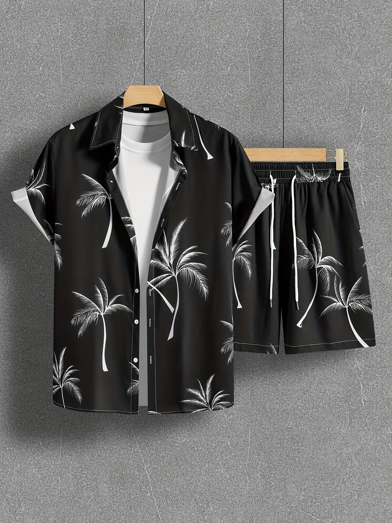 Coconut Tree Print, Men's 2Pcs Outfits, Casual Camp Collar Lapel Button Up Short Sleeve Shirts Hawaiian Shirt And Drawstring Shorts Set For Summer, Men's Clothing