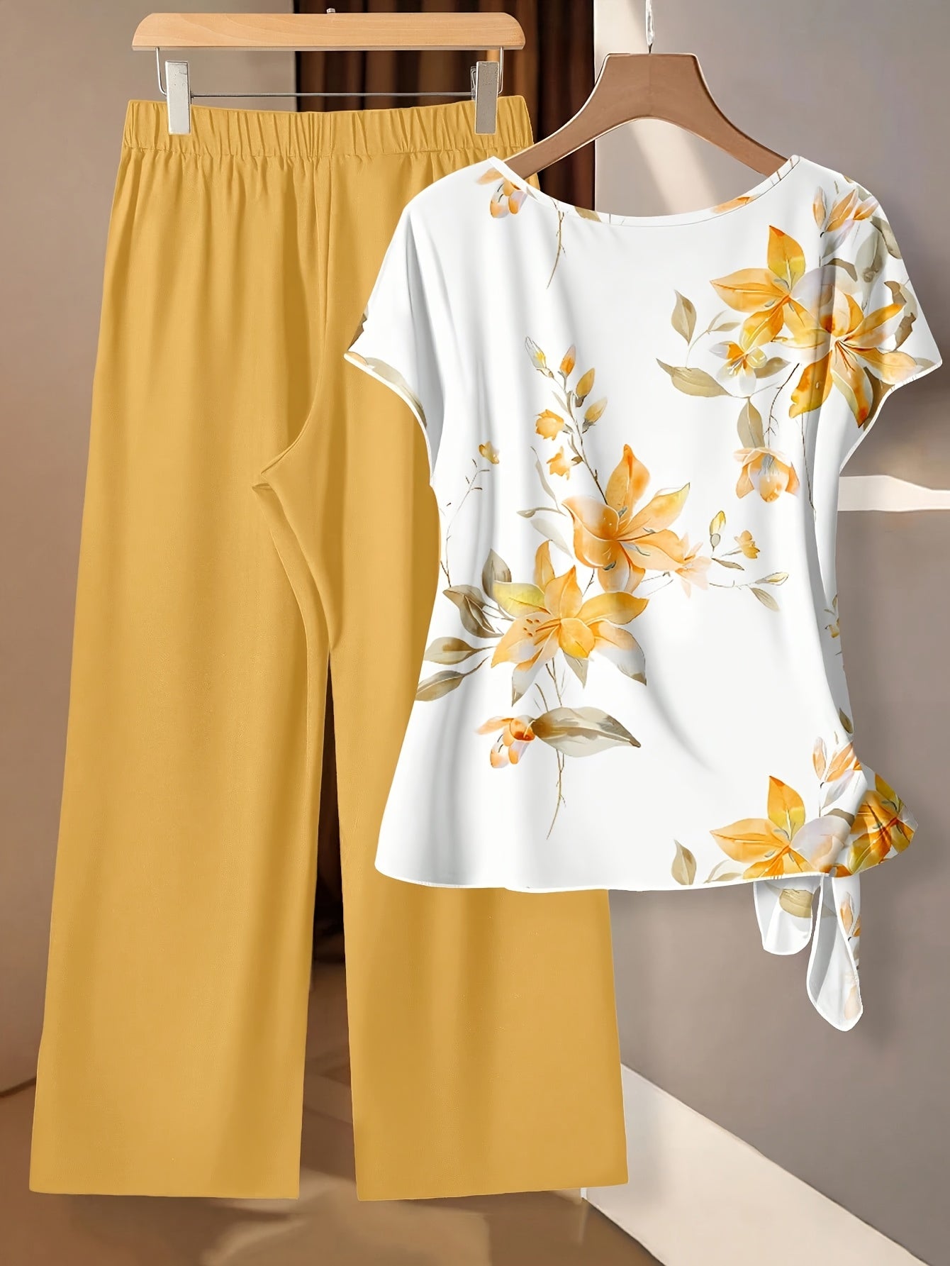 Women's Floral Bow-Tie Blouse & Loose Straight Pants Set